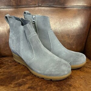 Sorel Evie Gray Suede Wedge Ankle Booties Inside Zip